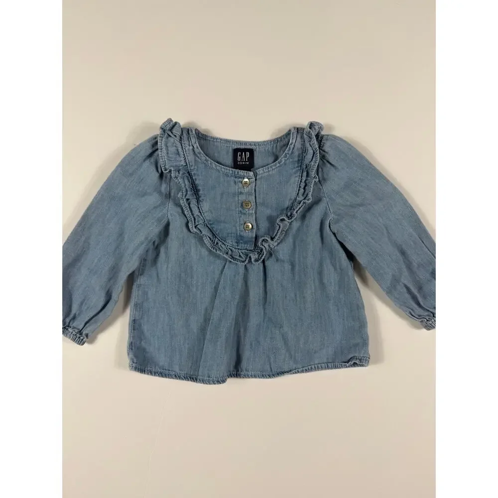 Gap Denim Baby Chambray Ruffle Long Sleeve Blouse Light Blue 12–18 Months